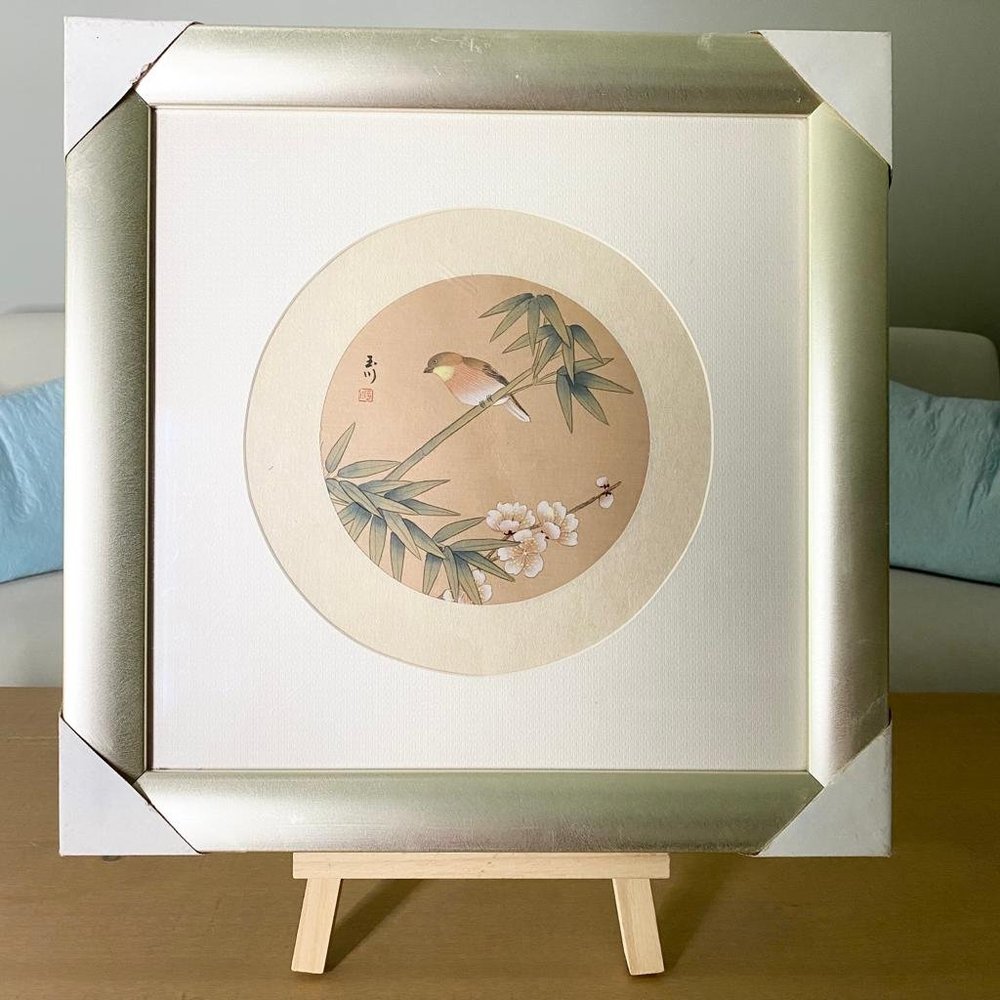 New Framed Chinese Watercolor Painting Print On Fabric-A Bird On A Bamboo Tree